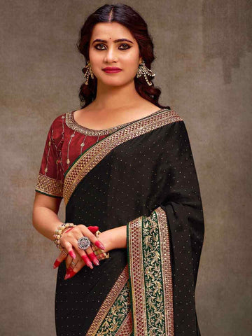 Embroidered  Black Bollywood Satin Silk Saree – All-Occasion Elegant Partywear with Blouse Piece