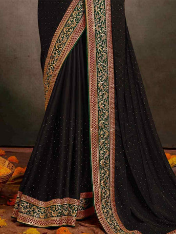 Embroidered  Black Bollywood Satin Silk Saree – All-Occasion Elegant Partywear with Blouse Piece