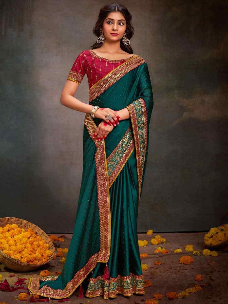 Embroidered  Green Bollywood Satin Silk Saree – All-Occasion Elegant Partywear with Blouse Piece