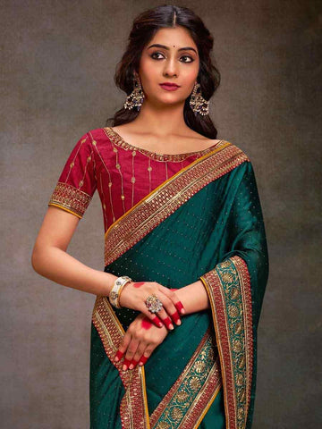 Embroidered  Green Bollywood Satin Silk Saree – All-Occasion Elegant Partywear with Blouse Piece