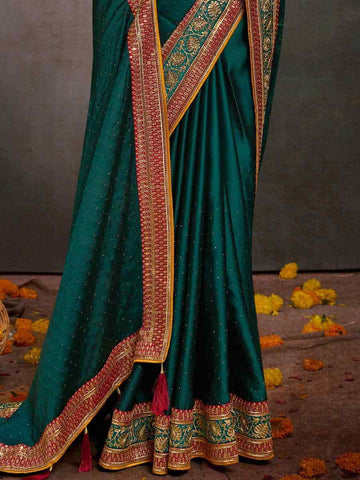 Embroidered  Green Bollywood Satin Silk Saree – All-Occasion Elegant Partywear with Blouse Piece