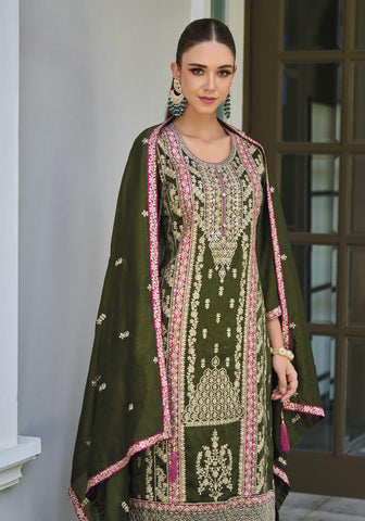 Olive green premium silk embroidery suit