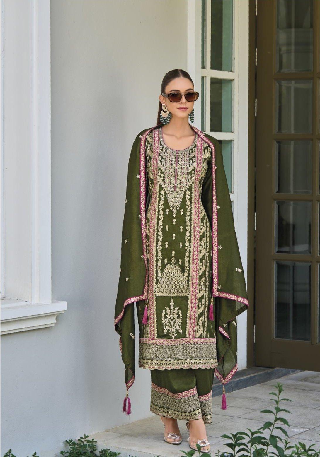 Olive green premium silk embroidery suit