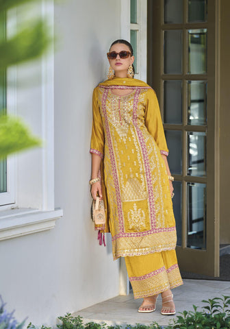 Mustard yellow premium silk embroidery suit