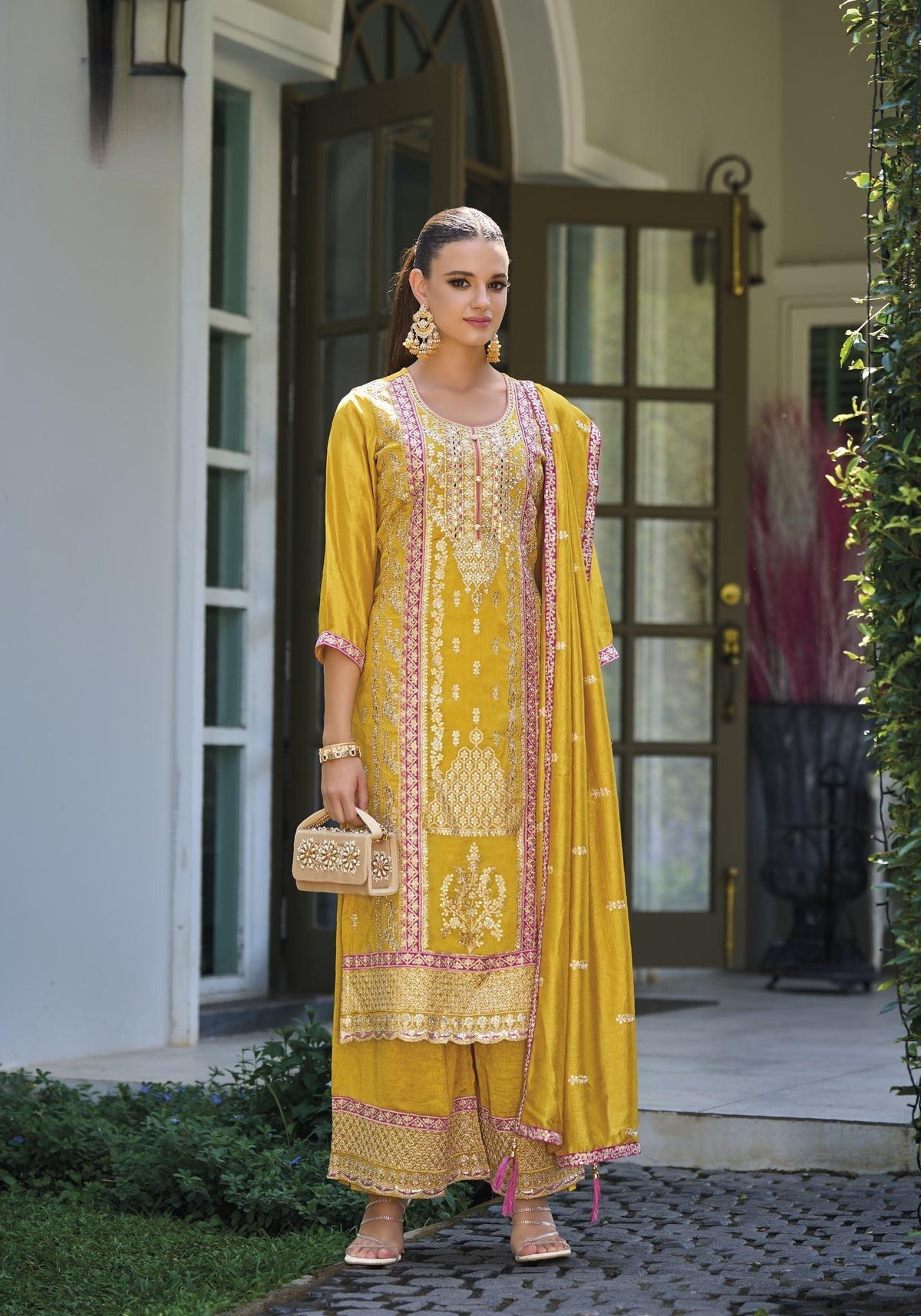 Mustard yellow premium silk embroidery suit