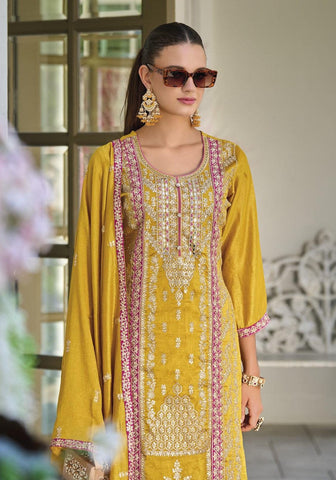 Mustard yellow premium silk embroidery suit