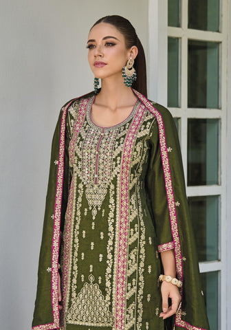 Olive green premium silk embroidery suit