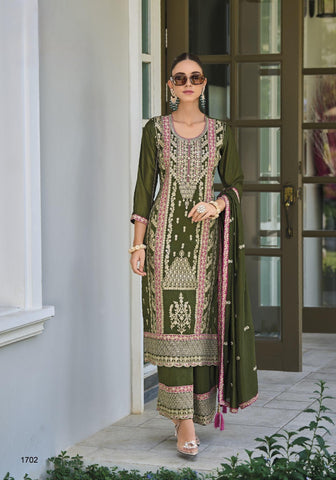 Olive green premium silk embroidery suit