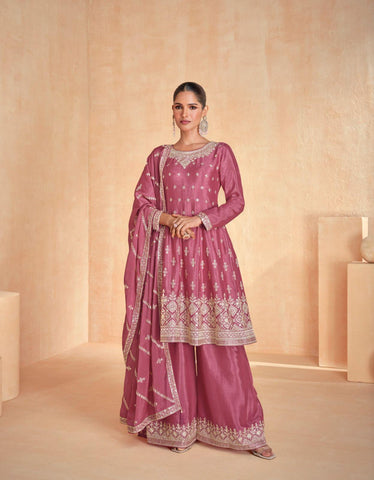 Premium Chinnon Silk Suit with Plazzo and Dupatta | Free Size Stitch