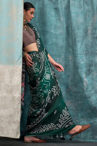 Green Printed Crepe Festival Wear Saree With Blouse