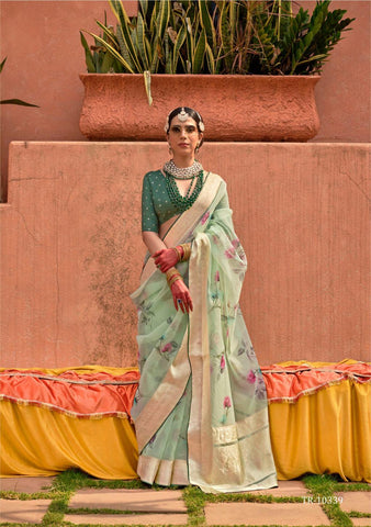 Light green organza saree with digital print