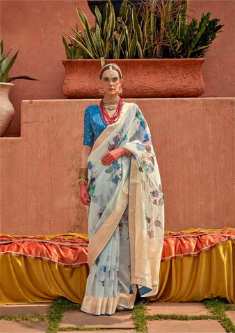 Light blue organza saree with digital print