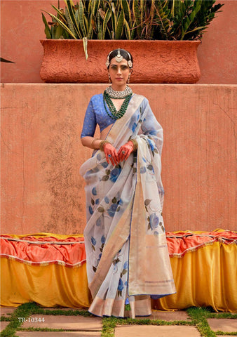 Blue organza saree with digital print - indosilk