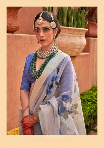 Blue organza saree with digital print