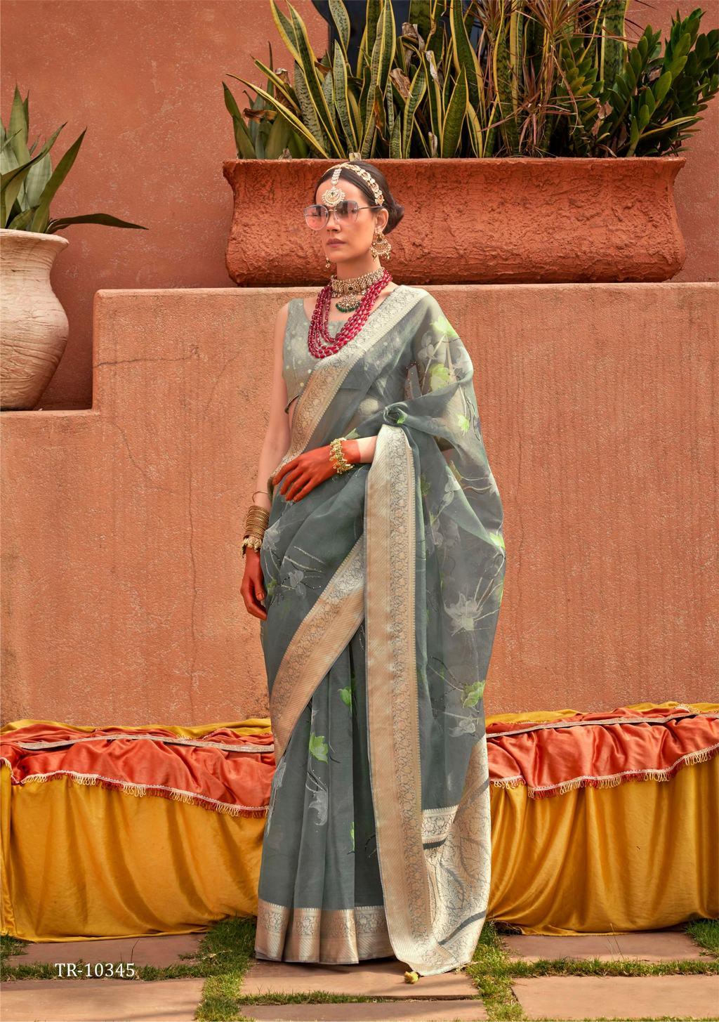 Grey organza saree with digital print