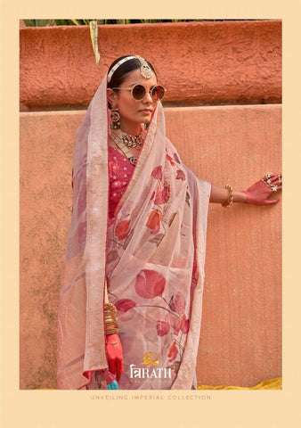 Pink organza saree with digital print