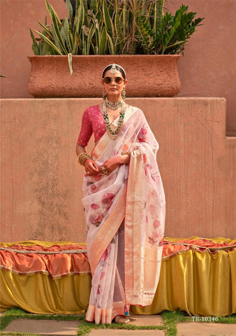 Pink organza saree with digital print