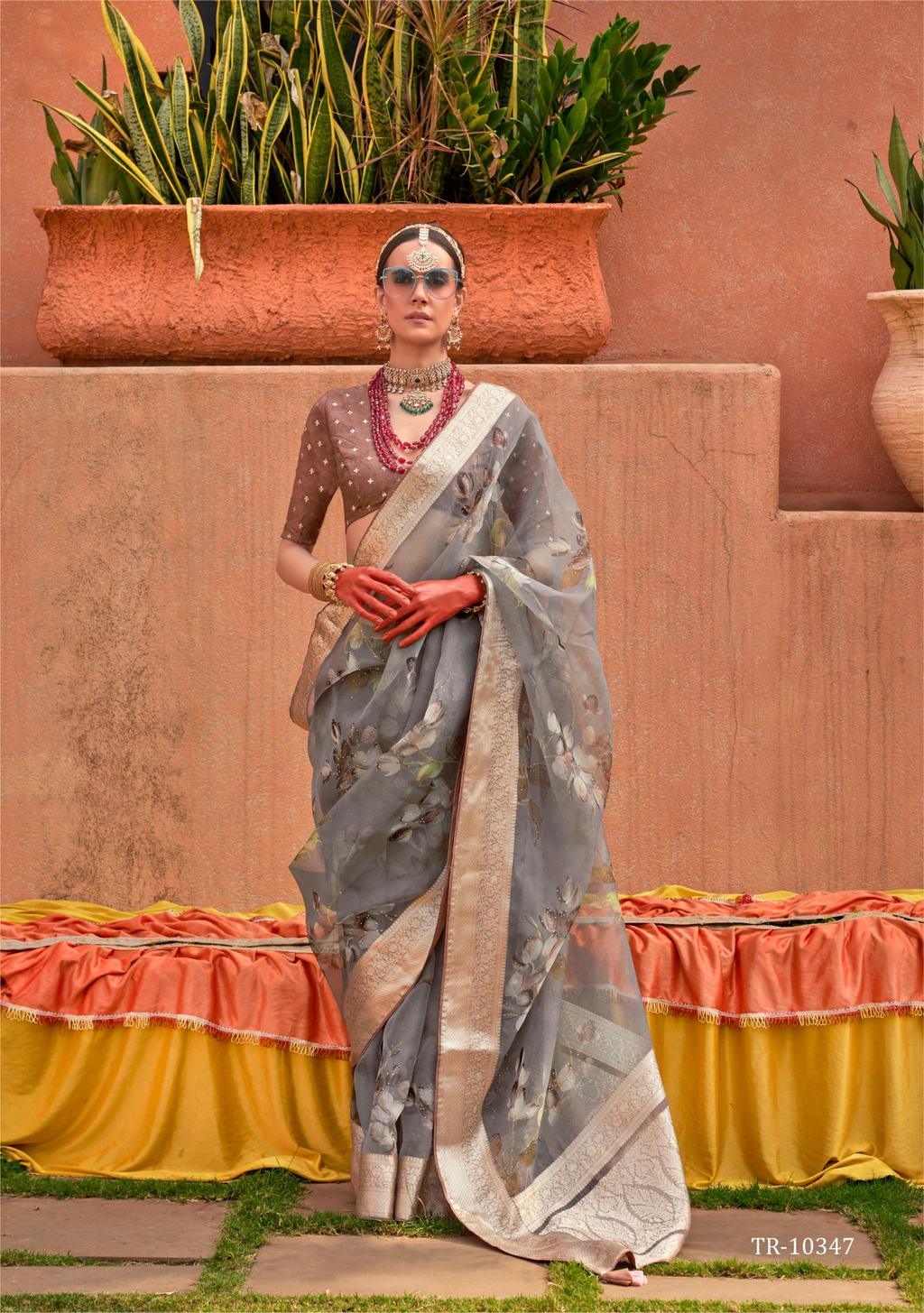 Dark grey organza saree with digital print