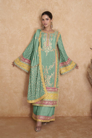 Caribbean green real chinon pakistani suit - indosilk