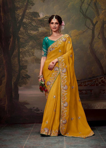 Mustard Yellow Color Tissue Organza Saree