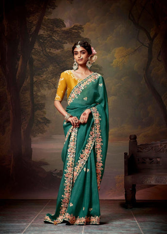 Teal Green Color Tissue Organza Saree