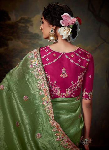 Pista Green Color Tissue Organza Saree