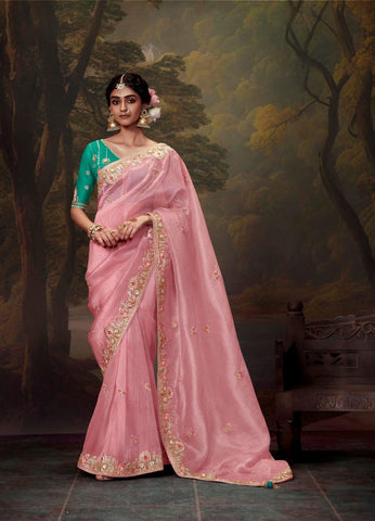 Baby Pink Color Tissue Organza Saree