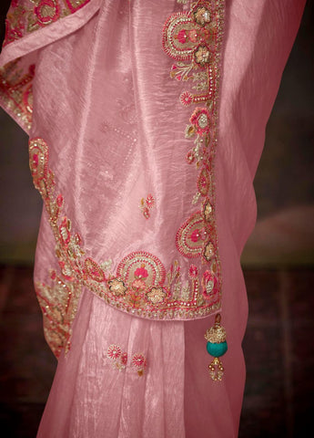 Baby Pink Color Tissue Organza Saree