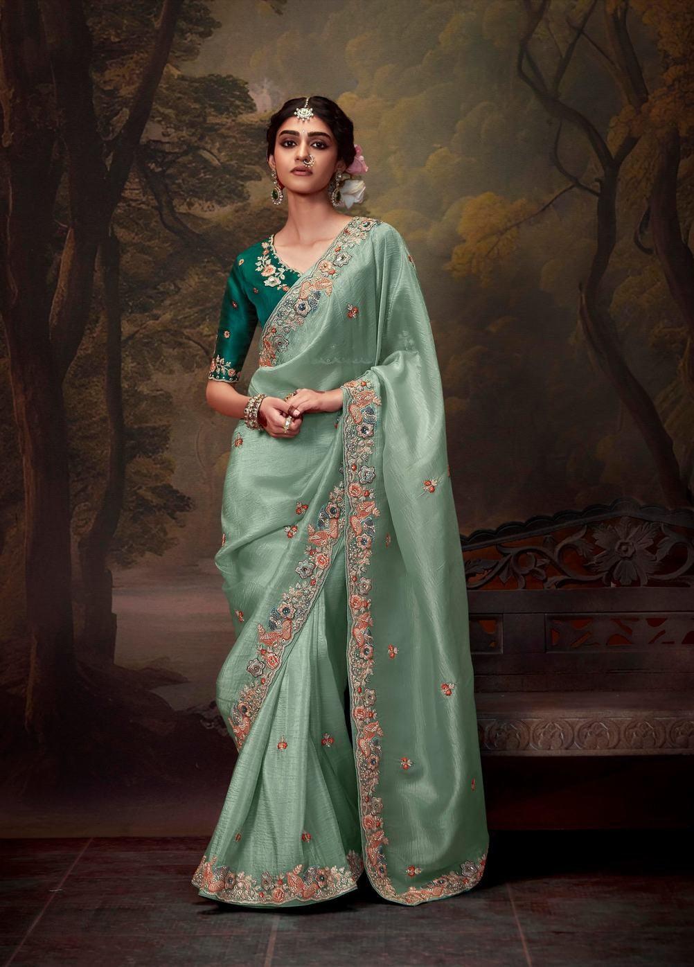 Sea Green Color Tissue Organza Saree