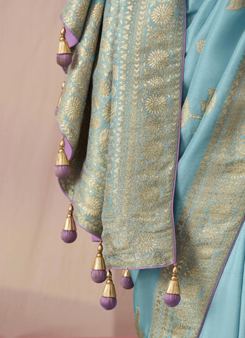 Party Wear Saree In Turquoise Color Silk Saree