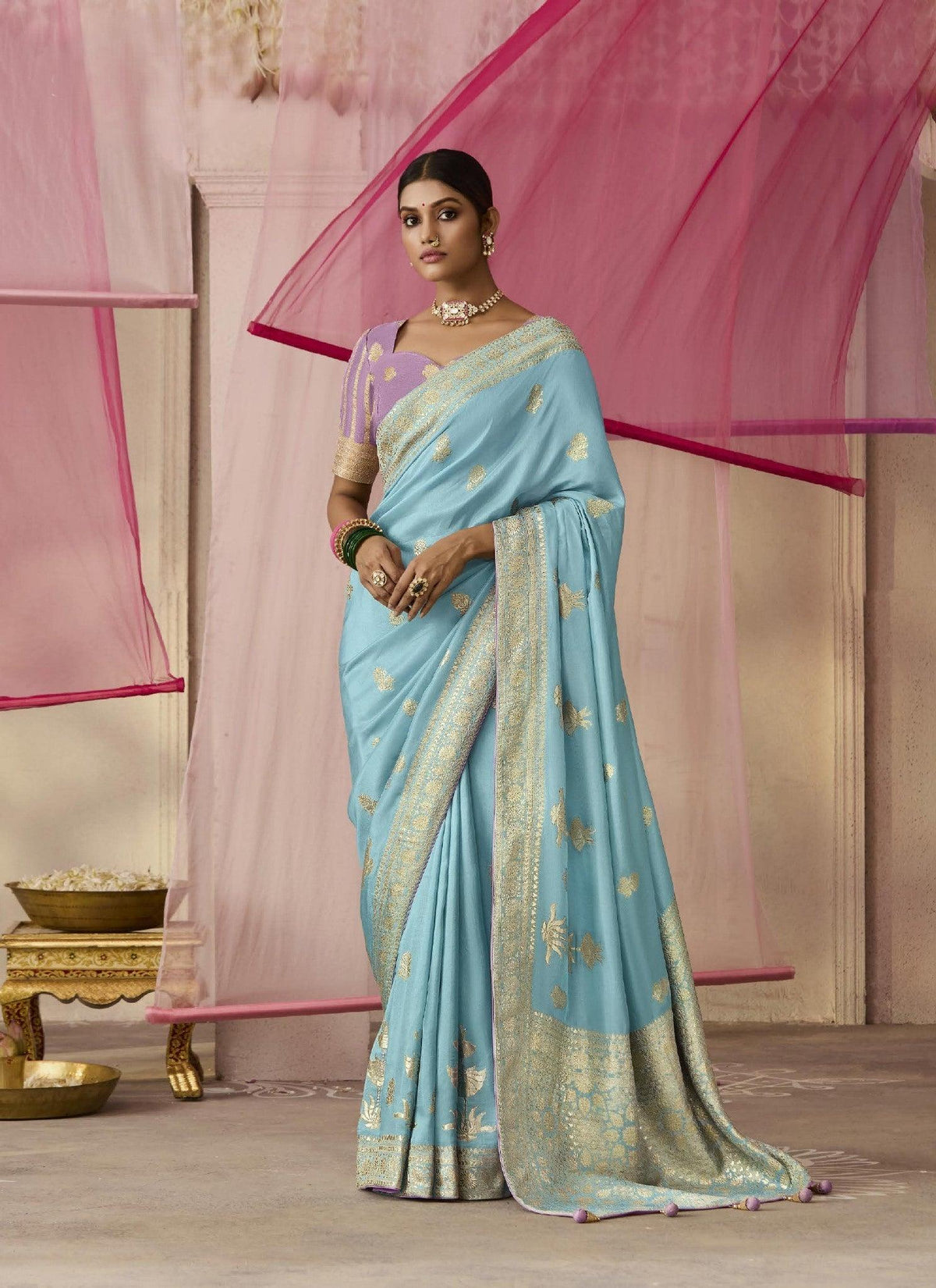 Party Wear Saree In Turquoise Color Silk Saree