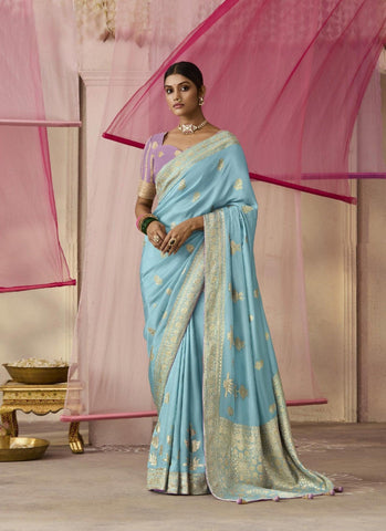 Party Wear Saree In Turquoise Color Silk Saree