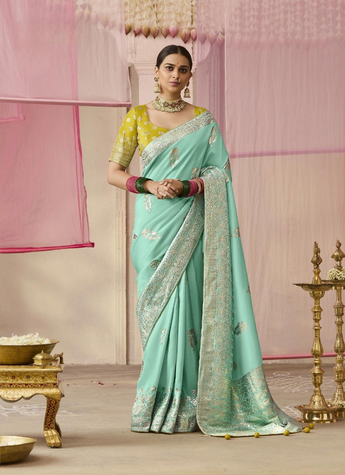 Festive Wear Saree In Turquoise Color Silk Saree