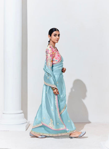 Sky blue color organza saree