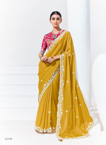 Mustard yellow organza saree