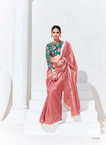 Salmon pink organza saree