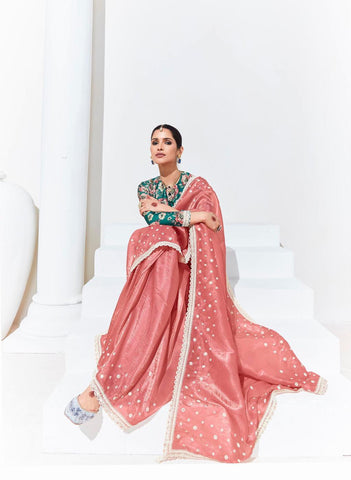 Salmon pink organza saree