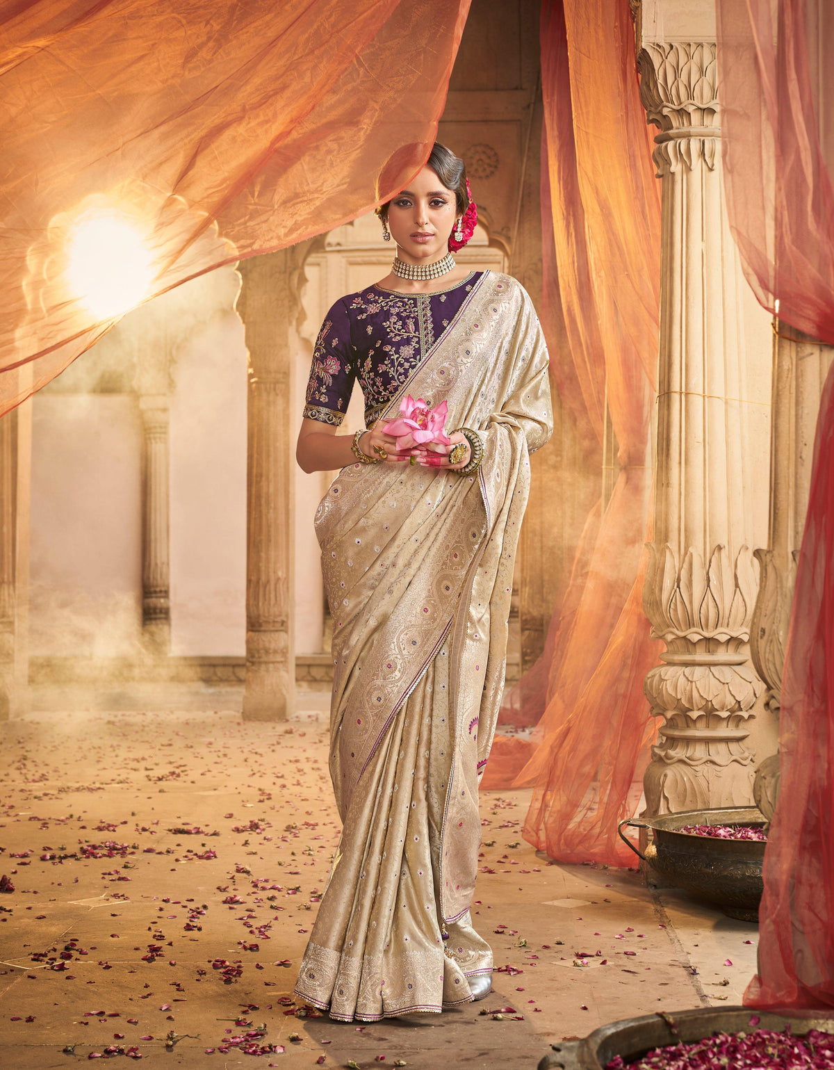 Beige Color Pure Satin Saree