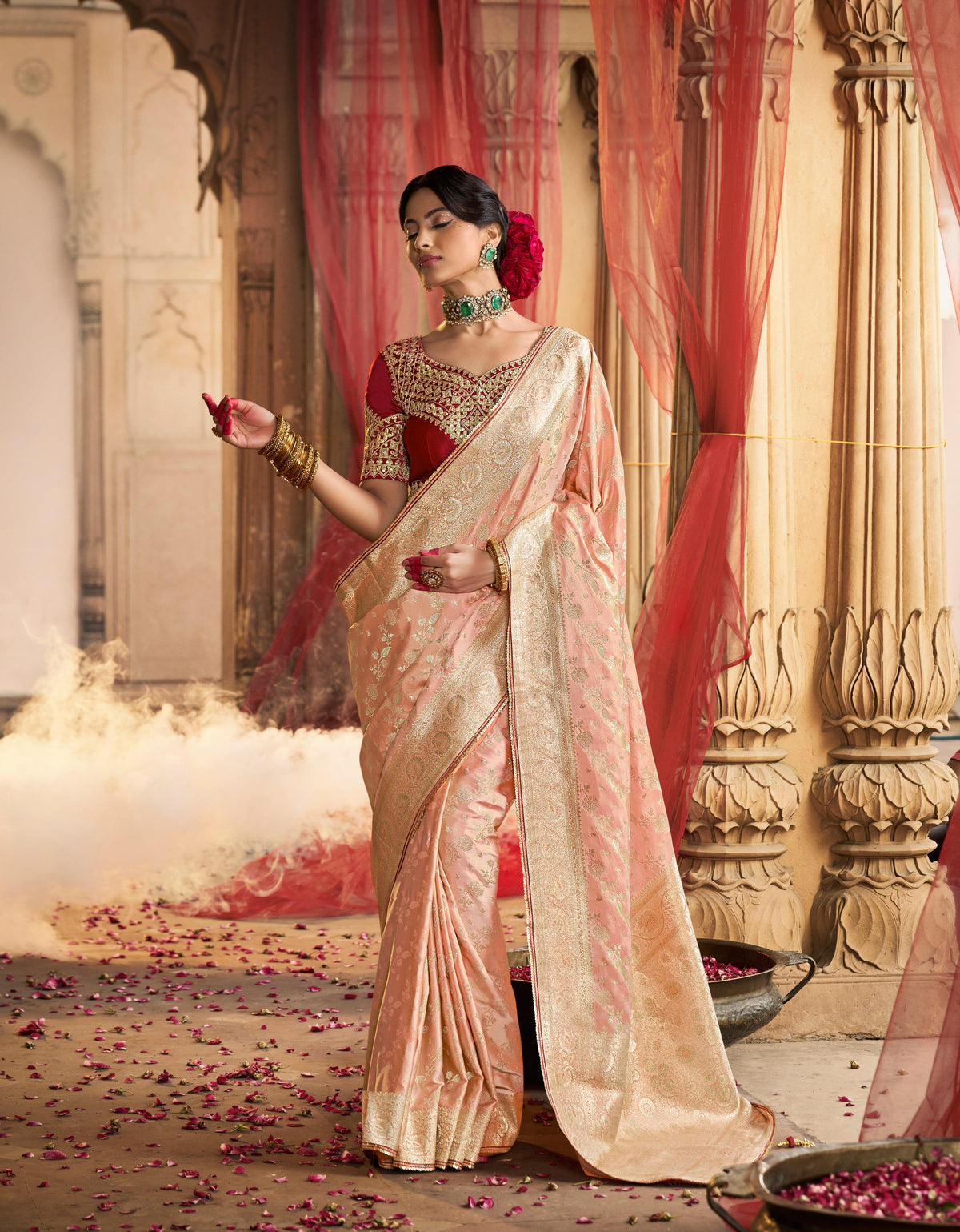 Peach Color Pure Satin Saree