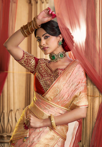 Peach Color Pure Satin Saree