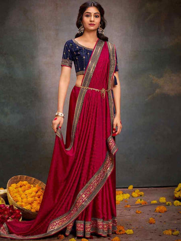 Embroidered  magenta Bollywood Satin Silk Saree – All-Occasion Elegant Partywear with Blouse Piece