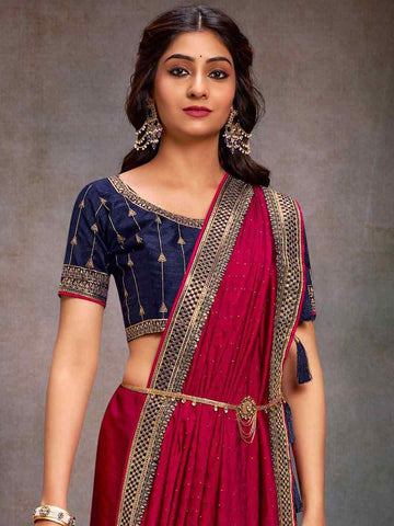 Embroidered  magenta Bollywood Satin Silk Saree – All-Occasion Elegant Partywear with Blouse Piece