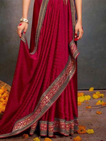 Embroidered  magenta Bollywood Satin Silk Saree – All-Occasion Elegant Partywear with Blouse Piece