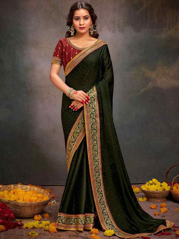 Embroidered  mehendi Green Bollywood Satin Silk Saree – All-Occasion Elegant Partywear with Blouse Piece