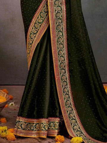 Embroidered  mehendi Green Bollywood Satin Silk Saree – All-Occasion Elegant Partywear with Blouse Piece