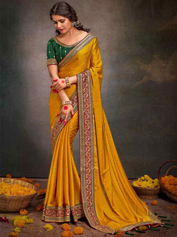 Embroidered  Mustard Bollywood Satin Silk Saree – All-Occasion Elegant Partywear with Blouse Piece