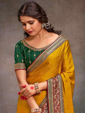 Embroidered  Mustard Bollywood Satin Silk Saree – All-Occasion Elegant Partywear with Blouse Piece