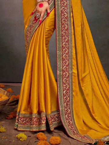 Embroidered  Mustard Bollywood Satin Silk Saree – All-Occasion Elegant Partywear with Blouse Piece