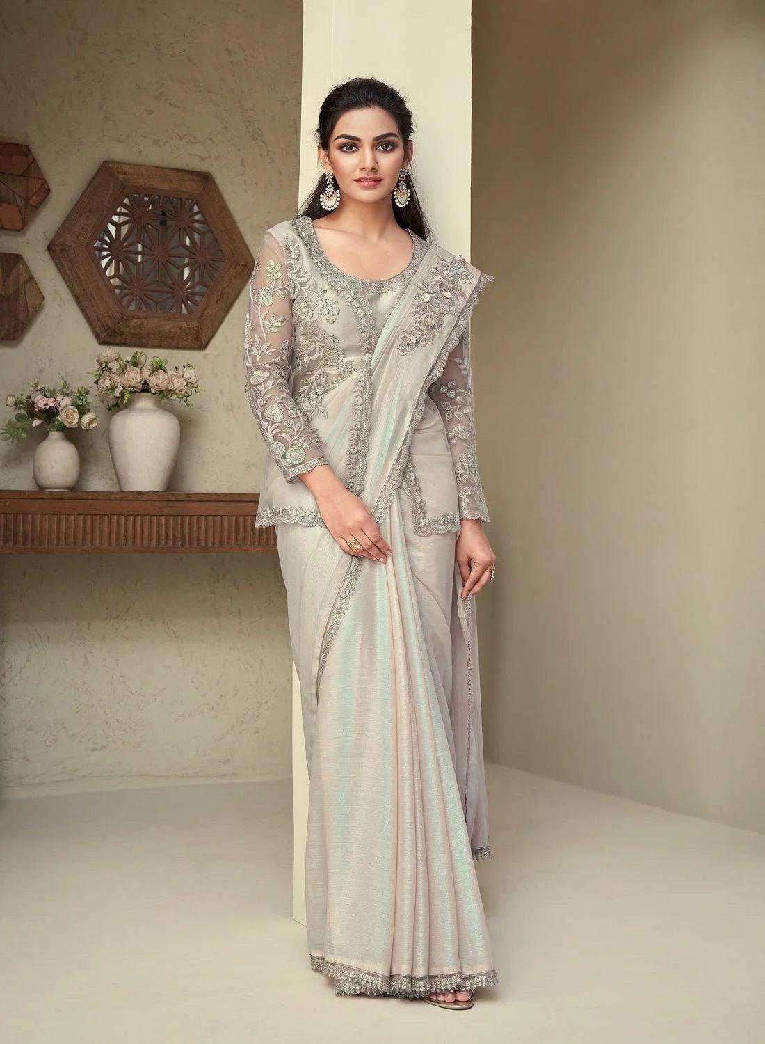 Beige Screen Rainbow Silk Designer Party Wear Saree Collection