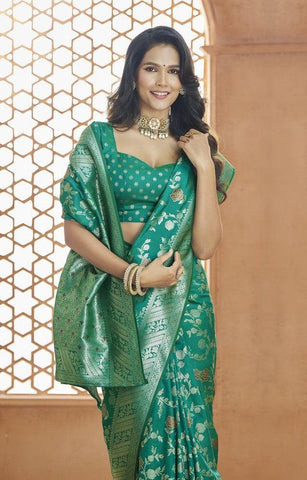 Teal Green Color Banarasi Silk Saree